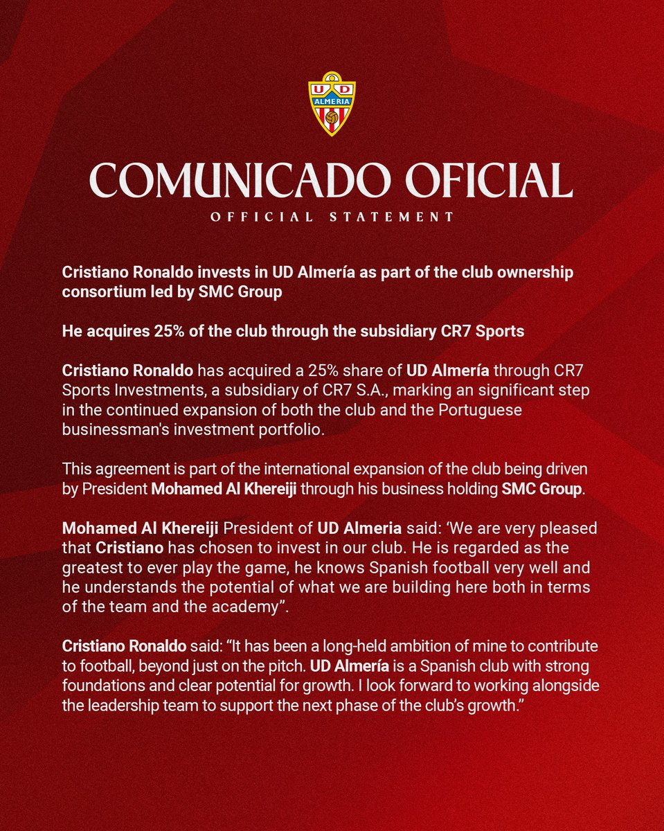 Official statement:

Cristiano Ronaldo invests in UD Almería as part of the club ownership consortium led by SMC Group