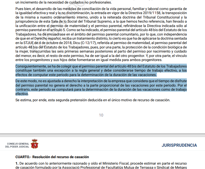 El TS zanja la duda: durante el #permisoparental de hasta 8 semanas SÍ se devengan vacaciones STS de 26/01/2026.