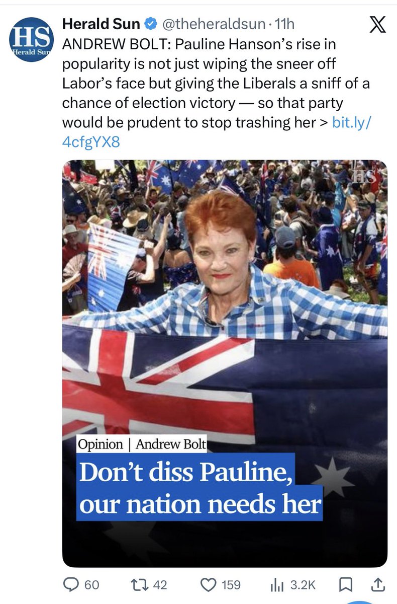 Pauline Hanson is a vacuous populist of the worst kind … no idea … no principles … no real concept of what Australia needs … she’s a fake patriot … a fake leader … a fake person of the people…
