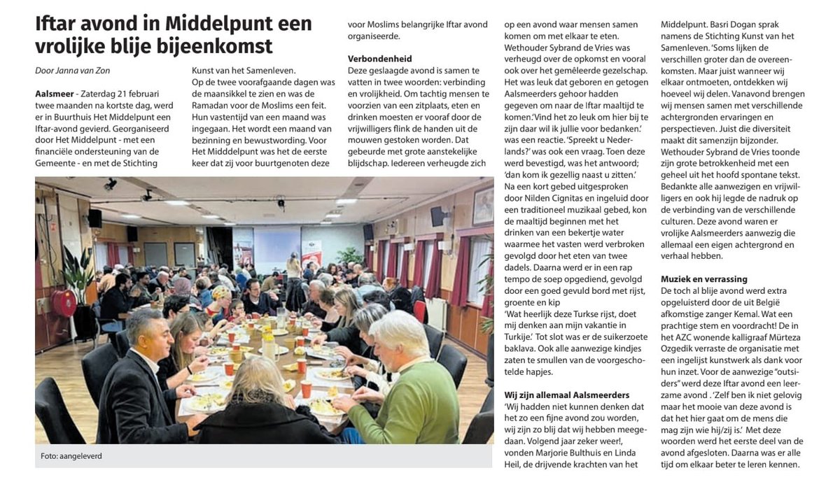 De lokale krant van Aalsmeer heeft uitgebreid aandacht besteed aan onze iftar 🙏✨

Het is prachtig om te zien dat een avond vol verbinding, saamhorigheid en ontmoeting zo mooi is terug te lezen in de media.

Dank aan iedereen die heeft bijgedragen en aanwezig was 🤍🌙 #Aalsmeer