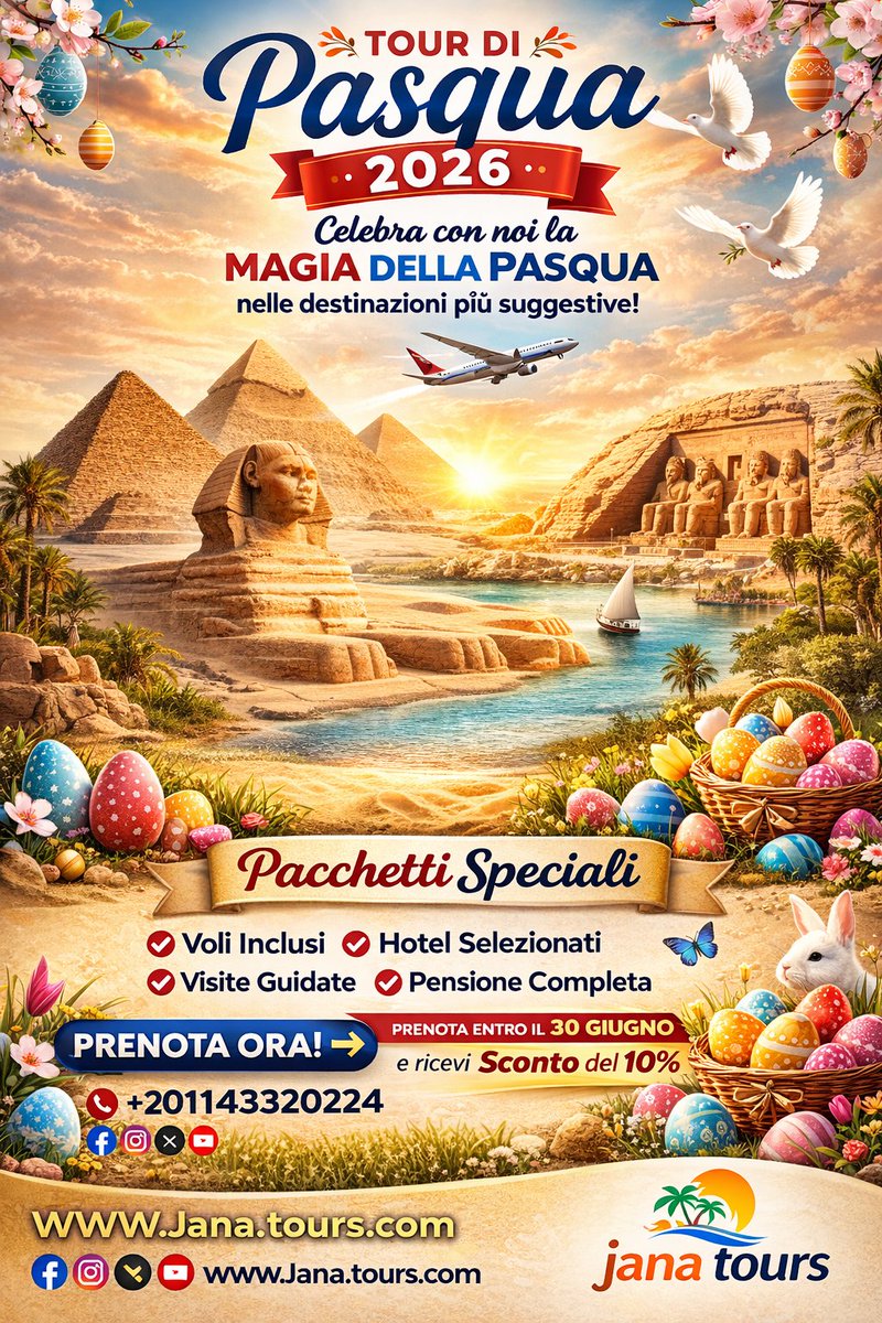 🌸 Pasqua 2026 in Egitto 🇪🇬
Piramidi, Crociera sul Nilo &amp; Mar Rosso ☀️🚢🌊
Un viaggio tra storia millenaria e relax totale.
📅 Prenota ora il tuo Easter Tour 2026!
#Pasqua2026 #Egitto #NileCruise #Travel