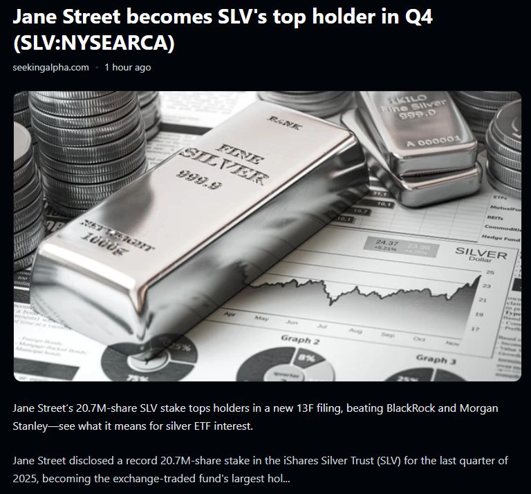 ZedXe_app's tweet photo. Jane Street becomes SLV's top holder in Q4 (SLV:NYSEARCA)

Link: https://t.co/qfcJyAqexI

#SILVER #JaneStreet https://t.co/gM1qU1kC55