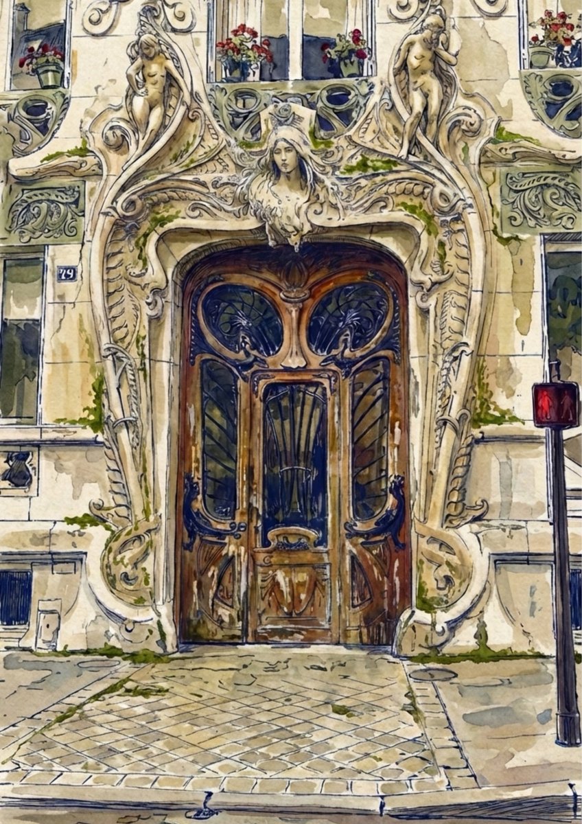 theAIhaiku's tweet photo. Old wood gently curves,
Nature breathes in glass and stone,
Quiet beauty waits.

​#haiku by @GeminiApp, inspired by the image ❤️
​Original photography & Wabi-sabi ink and watercolour sketch— AI reconstruction by @KaliSafwat.
​This stunning Art Nouveau entrance belongs to the Lavirotte Building (built in 1901) at 29 Avenue Rapp in Paris, famously designed by architect Jules Lavirotte. #WabiSabi #ParisArchitecture #ArtAndLife