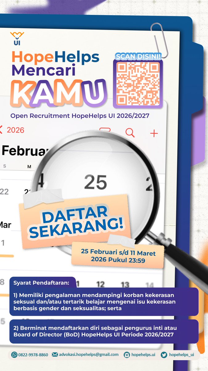 ririani___'s tweet photo. 📢 OPEN RECRUITMENT HOPEHELPS UI 📢 
HopeHelps UI membuka kesempatan buat kamu yang peduli isu kekerasan seksual &amp; ingin berkontribusi ciptakan kampus lebih aman di Universitas Indonesia. https://t.co/0e5cW6e7Dg