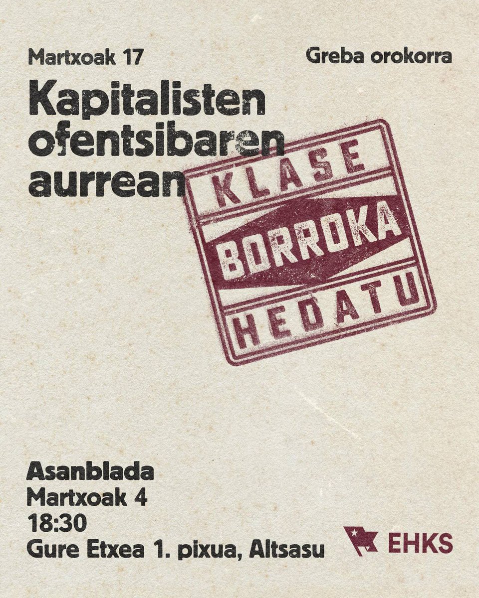 Martxoak 17ko Greba Orokorraren harira asanblada deitu dugu Altsasun.

🗓️ Martxoak 4
📍 Gure Etxeako 1. solairua
🕡 18:30

Kapitalisten ofentsibaren aurrean, klase borroka hedatu!

Gerturatu!