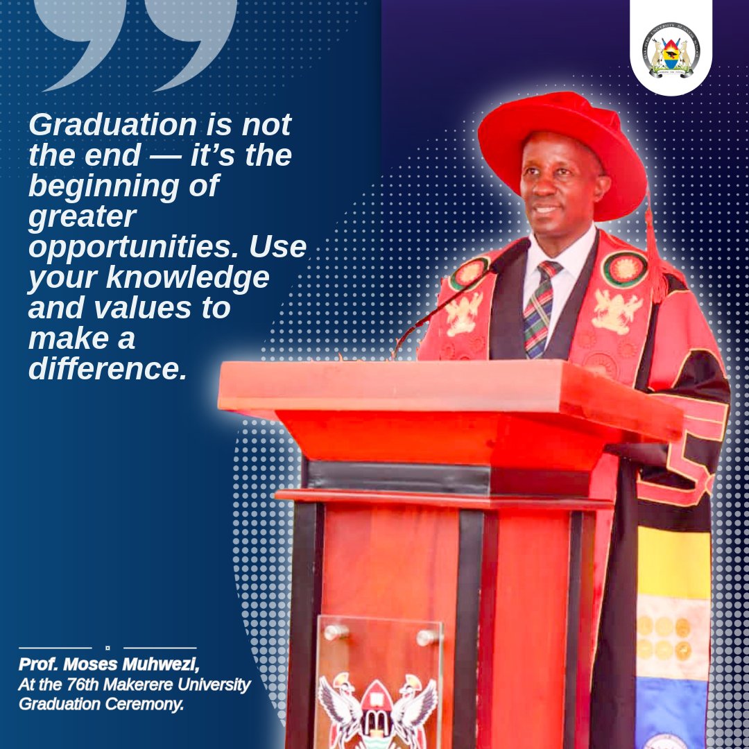 MUBSPRO's tweet photo. A defining moment at the #76thMakGrad as Prof. Moses Muhwezi reminds the graduating class that graduation is not an end, but the beginning of greater opportunities โ a call to lead with knowledge, uphold strong values and make meaningful impact in society.
@ProfMuhwezi | https://t.co/PROWFPTjoY