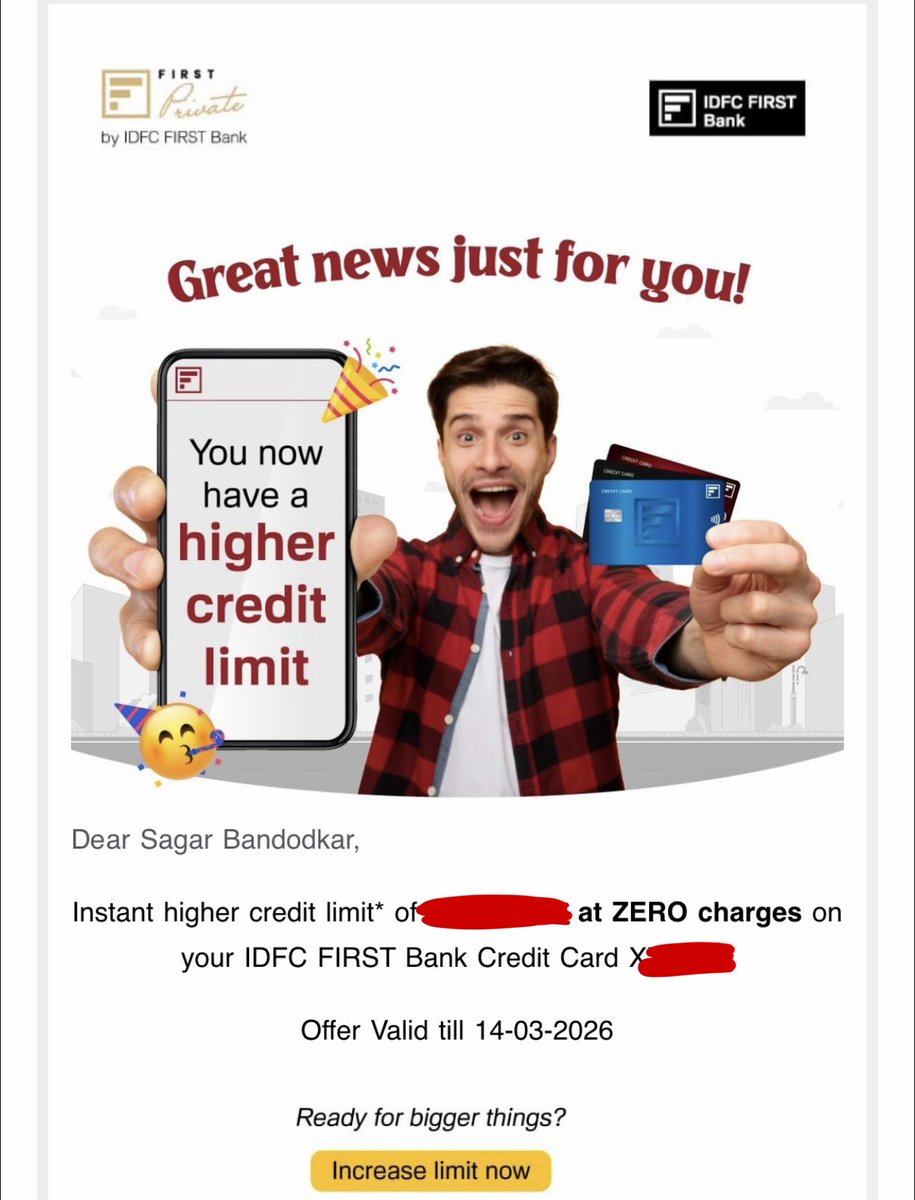 Looks like IDFC FIRST Bank is rolling out credit limit enhancement offers.

Got a message on email/WhatsApp, mine was increased by around 10%.

Did you receive a limit enhancement as well?