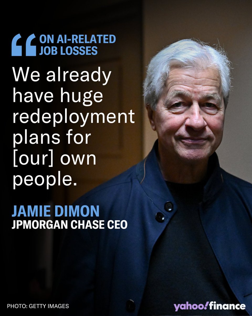 YahooFinance's tweet photo. JPMorgan has a strategy in place for any jobs impacted by AI, CEO Jamie Dimon said.

https://t.co/ggtZ3RuElQ https://t.co/DkSwmhcZoK