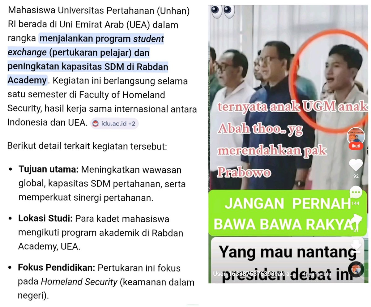 Bangga melihat para Mahasiswa Universitas Pertahanan di Abu Dhabi, UEA.
Mengharumkan nama Indonesia.

Kalau ketua BEM UGM? 
Nantang debat, minim prestasi.
Anak Wabah, king of omon-omon.
Jago debat, jawaban atasi polusi DKI?
"Angin Tidak Punya KTP"🤪