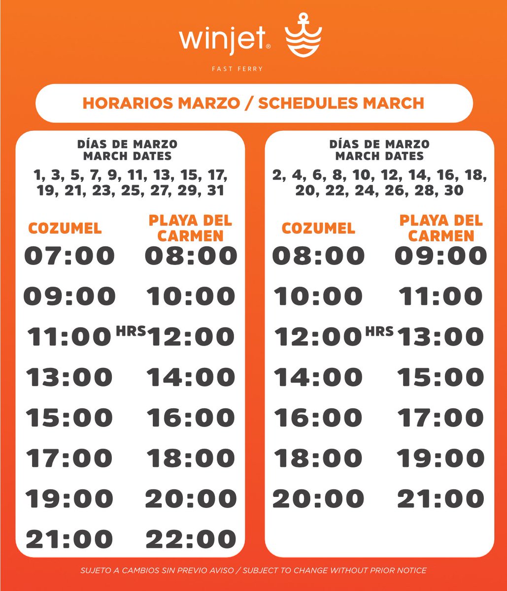 Te compartimos nuestros horarios del mes de Marzo 🕢🚢

#winjet #cozumel