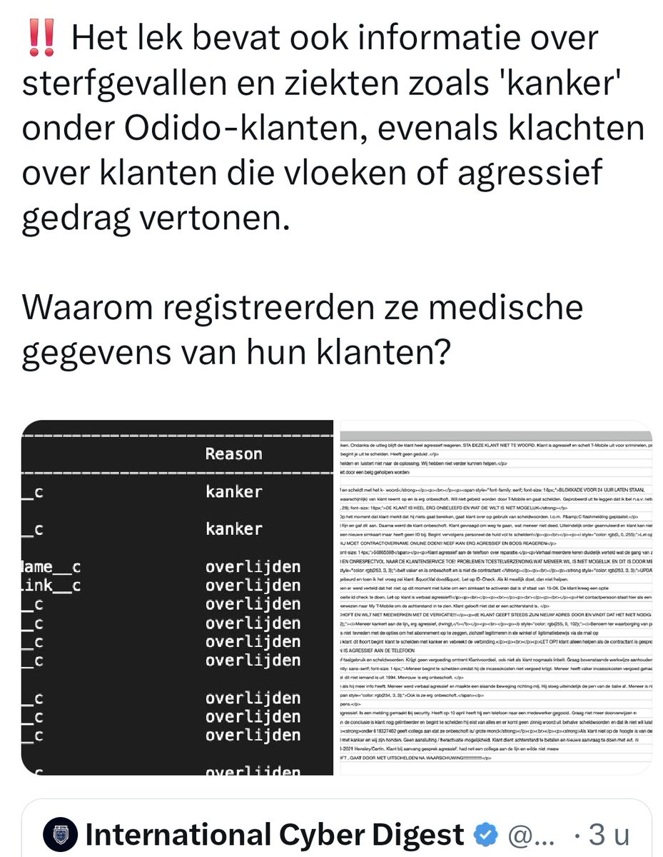 Waarom bewaard #Odido medische gegevens? 

Waarom wordt en blijft er in hun systeem staan dat iemand aan kanker overleden is??

<a href="/2eKamertweets/">Tweede Kamer</a> #WPG ?
<a href="/D66/">D66</a>
<a href="/VVD/">VVD</a>
<a href="/cdavandaag/">CDA</a>

<a href="/vandaaginside/">Vandaag Inside</a> 
<a href="/Nieuwsvandedag_/">Nieuws van de Dag</a>