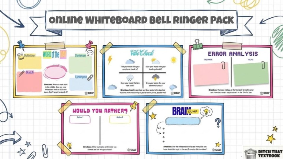 DitchThatTxtbk's tweet image. Reclaim your first 5 minutes of class! ⏱️

Grab our Online Whiteboard Bell Ringer Pack. 
✅ 5 ready-to-use templates 
✅ 15 activity ideas  
✅ Works with your favorite tools

Download: ditchthattextbook.com/online-whitebo…!

#K12 #EdTech #TeacherTwitter #DitchBook