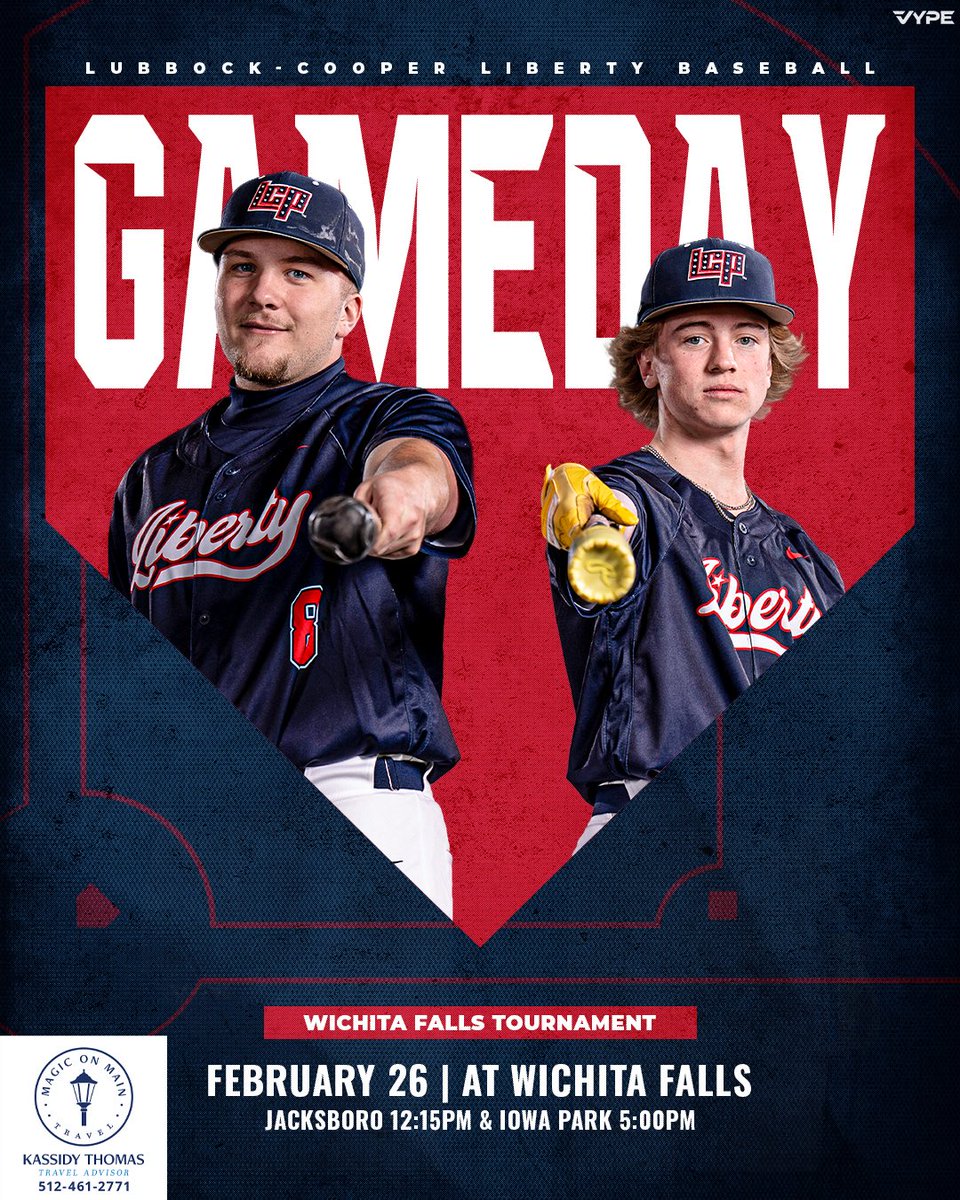 LibertyBSB_LCP's tweet photo. Schedule change for today’s tournament games. Same times different opponent. 
12:15 vs. Decatur
5:00 vs. Iowa Park
#RingTheBell https://t.co/o6zt7AMlFS