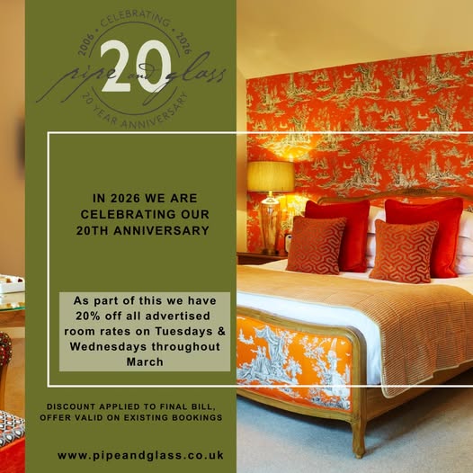 pipeandglass's tweet image. There's still time to take advantage of our room offer - 20% off advertised rates on a Tuesday and Wednesday until the end of March.
#pipeandglass #michelinstar #luxuryrooms #yorkshirewolds #20years