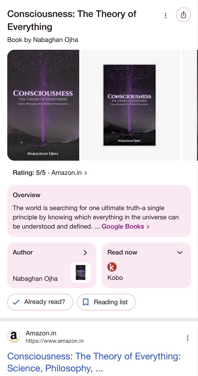 Big Milestone !!

The book “Consciousness: The Theory of Everything” released on 11th December 2025 now appeared in Google’s Knowledge Panel

Check it out

Consciousness:%20The%20Theory%20of%20Everything share.google/s8f7GYctQ3YgpB…

#Consciousness #TheoryOfEverything #Philosophy