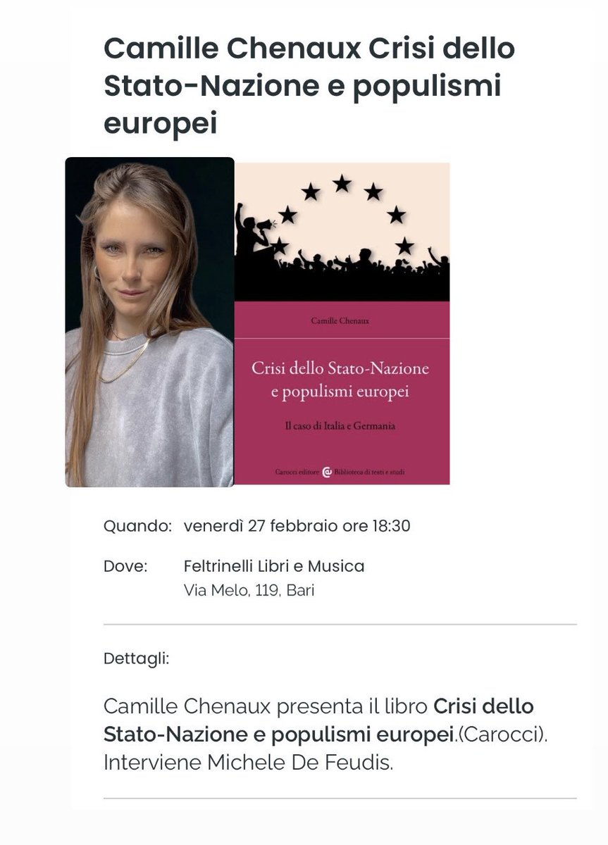 thesportymind's tweet image. La Puglia mi accoglie e io non posso che esserne onorata 🌙

Domani vi aspetto alla Feltrinelli di Bari alle ore 18.30 per la presentazione del mio libro 📘 “Crisi dello Stato-nazione e populismi europei”.
.
.
.
#libri #libreria #book #politica #thesportymind