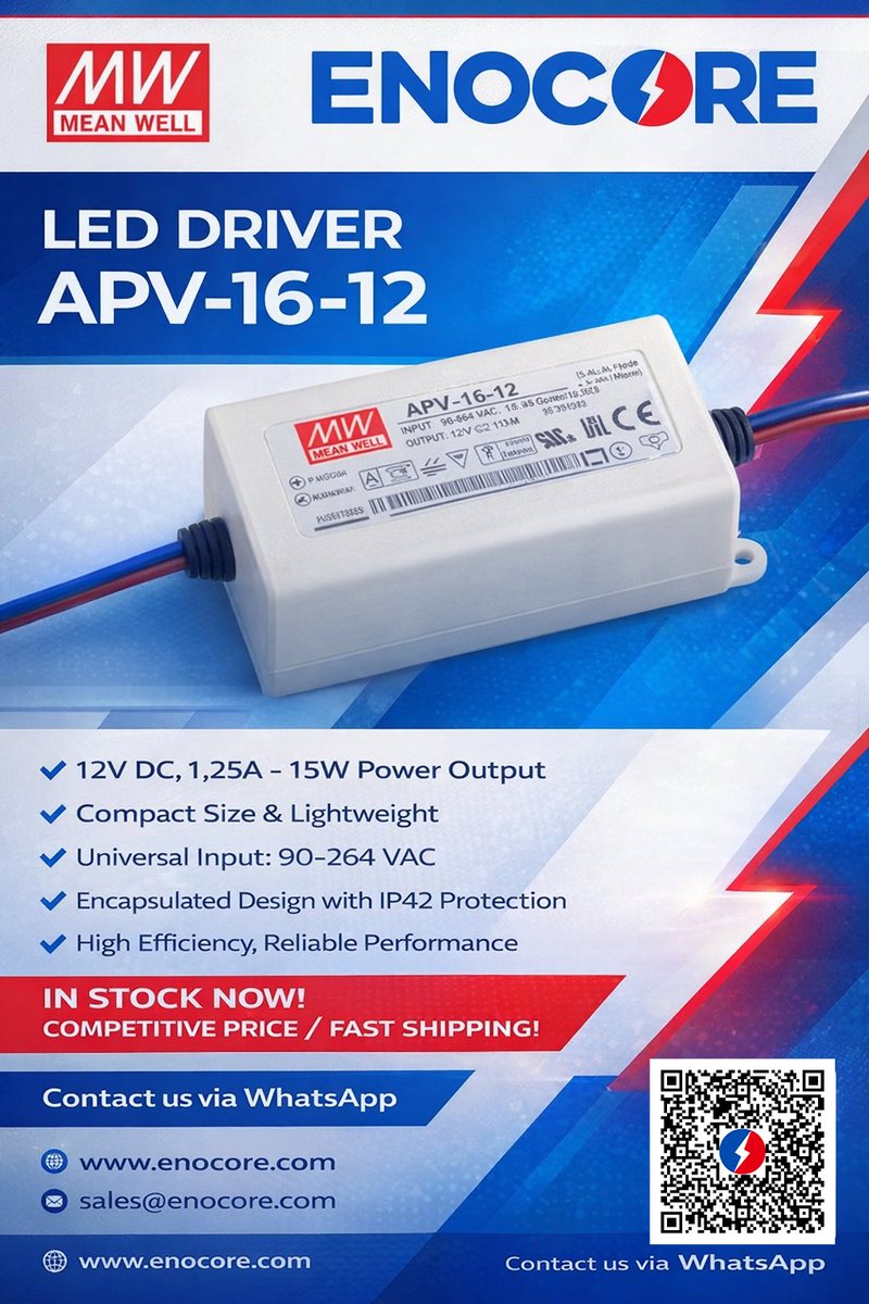 enocorecom's tweet photo. 🔌 Mean Well APV-16-12 LED Driver – IN STOCK!
✔ 12V DC / 1.25A / 15W
 ✔ 90–264VAC Input
 ✔ IP42 Encapsulated Design
 ✔ Reliable &amp; Efficient
💰Competitive Price
 🚀 Fast Shipping
🔗 https://t.co/b86sG1oHSo
 🌐 https://t.co/LdYw12CtYR
#MeanWell #LEDDriver #PowerSupply https://t.co/LZLwzHyJ0d