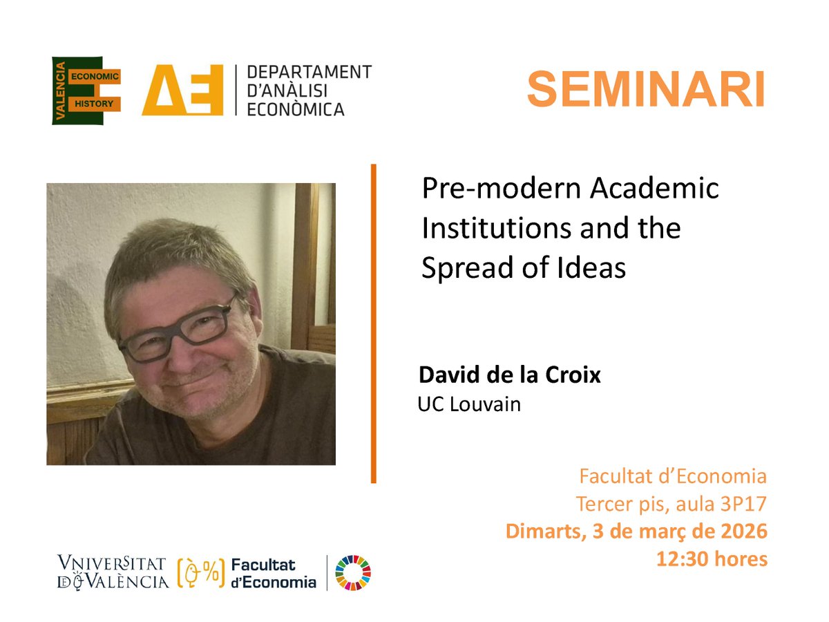 ehvalencia's tweet photo. Seminar @ehvalencia @Aneco_FdE_UV @fdeconomiauv by David de la Croix 👉 "Pre-modern Academic Institutions and the spread of ideas" #history #past #knowledge #change #diffusion #economics #science #ideas #present #Europe https://t.co/bcdLtLrTXS