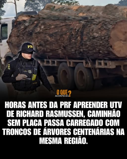 Horas antes de a PRF apreender o UTV do biólogo Richard Rasmussen, um caminhão sem placa foi visto circulando pela mesma região carregado com troncos de árvores centenárias.
Segundo relatos, a carga incluía madeira de espécies com mais de 100 anos de idade.
O veículo teria
