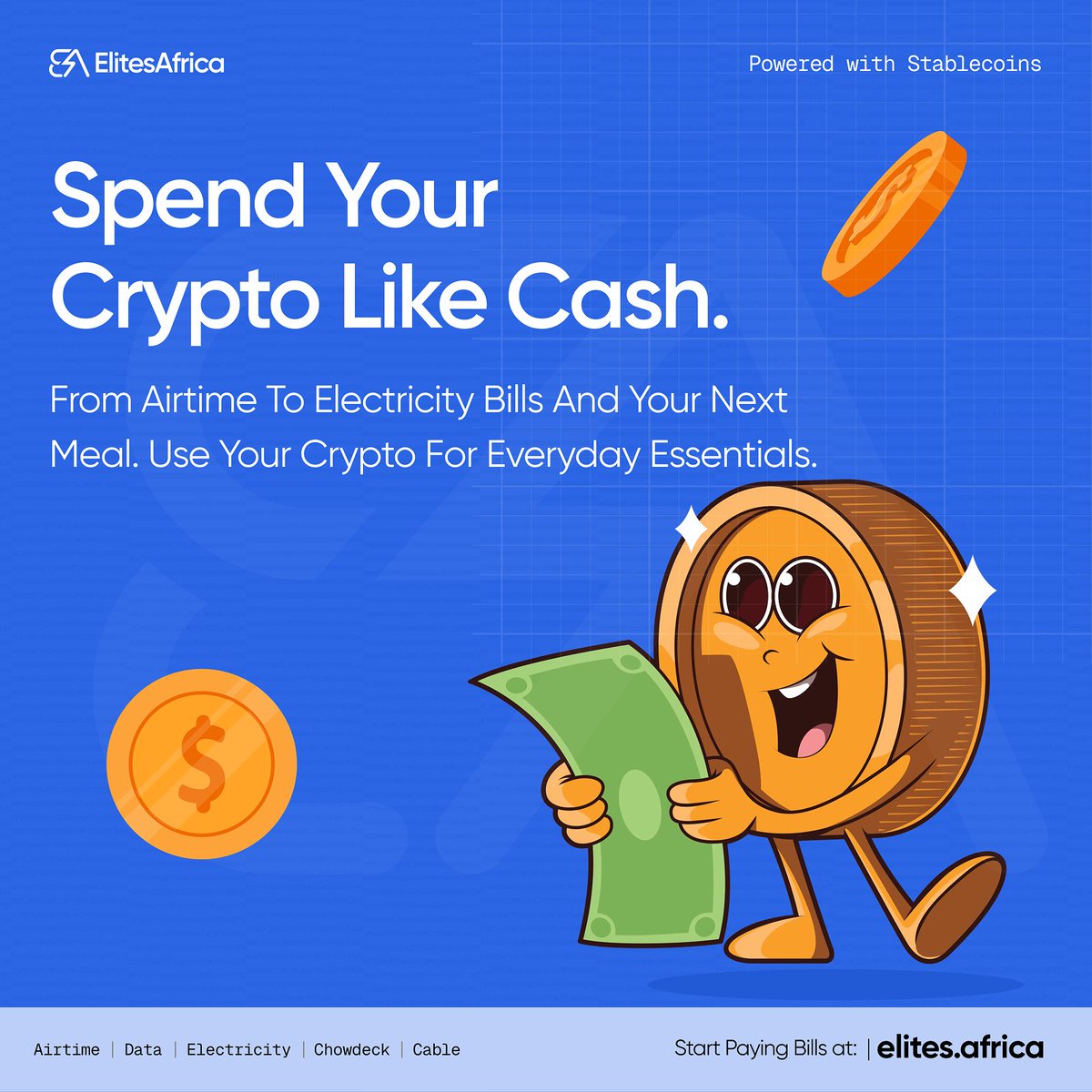 elitesdotafrica's tweet photo. Still converting crypto before you can spend it?
Skip the stress.

Pay bills, buy airtime, order food — directly with your crypto on https://t.co/YjcFOuyHAy.

#Buildingforthenextbillion #Paywithstablecoin https://t.co/QjhomZrwUG