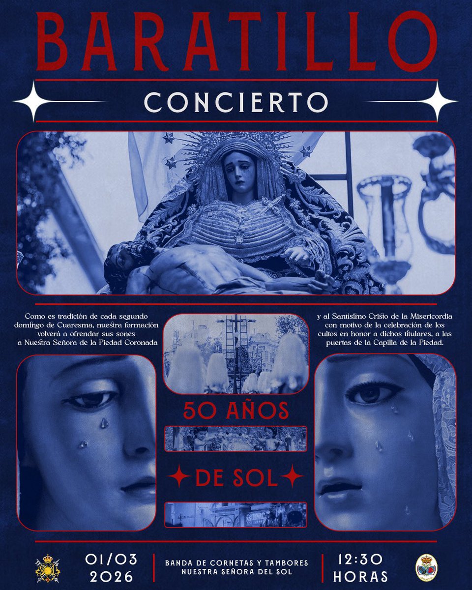 𝐂𝐎𝐍𝐂𝐈𝐄𝐑𝐓𝐎𝐒|| <a href="/hdaddelsol/">Hermandad del Sol</a> y <a href="/HdadBaratillo/">Hermandad del Baratillo</a> 

ℹ️ Durante este fin de semana, ofreceremos 2 conciertos de marchas procesionales:

🌞 El sábado 28, en nuestra querida Hermandad del Sol a partir de las 21:00 horas aproximadamente.

🔵 El domingo 1, en nuestra querida