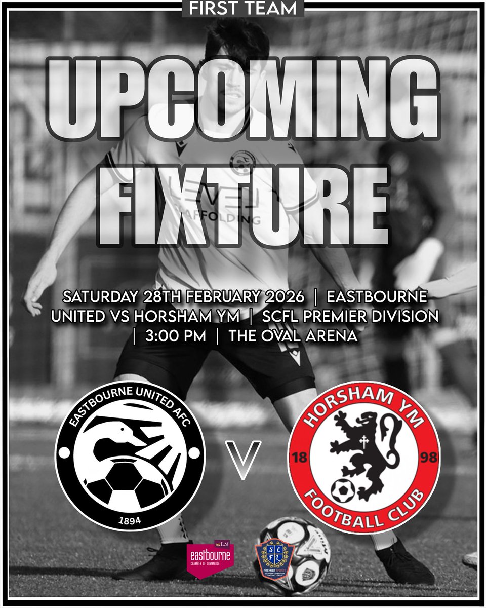 eastbourneuafc's tweet photo. 𝗨𝗣𝗖𝗢𝗠𝗜𝗡𝗚 𝗙𝗜𝗫𝗧𝗨𝗥𝗘 ⚫️⚪️
🆚 Horsham YM
🗓️ Saturday 28th February 2026
⏰ 3:00 PM Kick-Off
🏟️ The Oval Arena
🏆 SCFL Premier Division
@macronhastings
@EBChamber
@level_scaffold
@TheOvalArena3G
@TheSnlf
#EUAFC #SCFL #UpcomingFixture https://t.co/fYVmlK2NOf