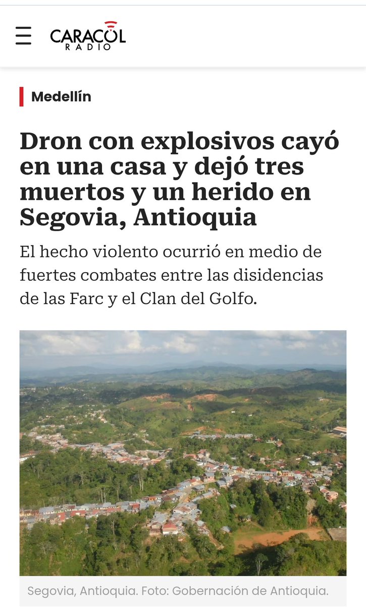 La guerra volvió a meterse en las casas de la gente humilde. En #Segovia en el departamento de #Antioquia , un dron con explosivos cayó sobre una vivienda y asesinó a una familia inocente. Ninguna disputa armada justifica convertir a la población civil en objetivo. Exigimos