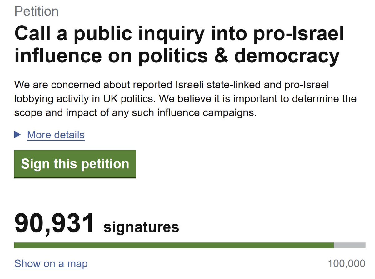 A petition calling for a public inquiry into Israel's influence in Britain has now reached over 90,000 signatures.

At 100,000 signatures, it will be considered for a debate in parliament.
👉petition.parliament.uk/petitions/7526…