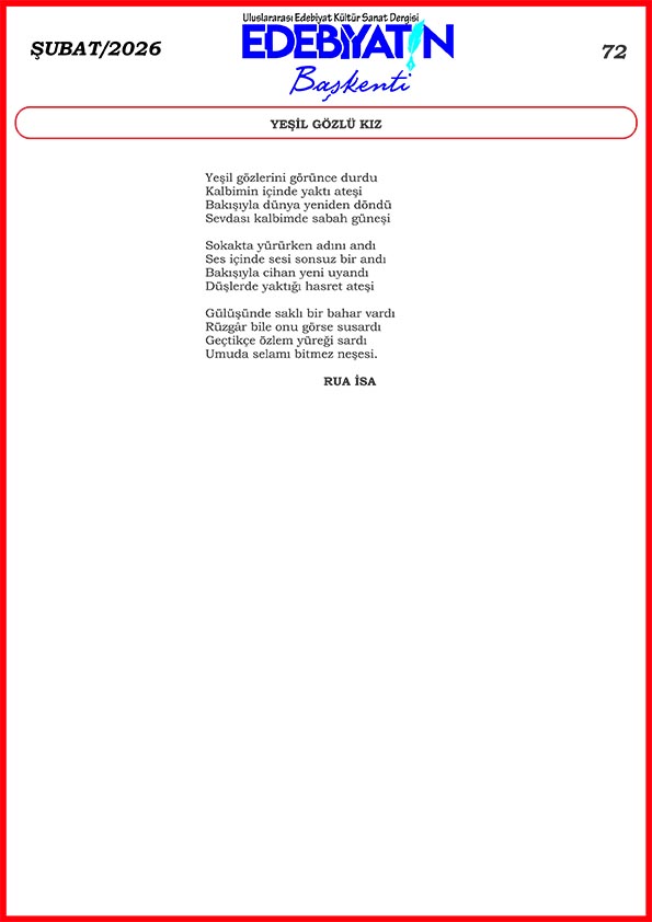 Rua İsa'dan güzel bir şiir : Yeşil Gözlü Kız...
edebiyatinbaskenti.com 
#şiir 
#şair
