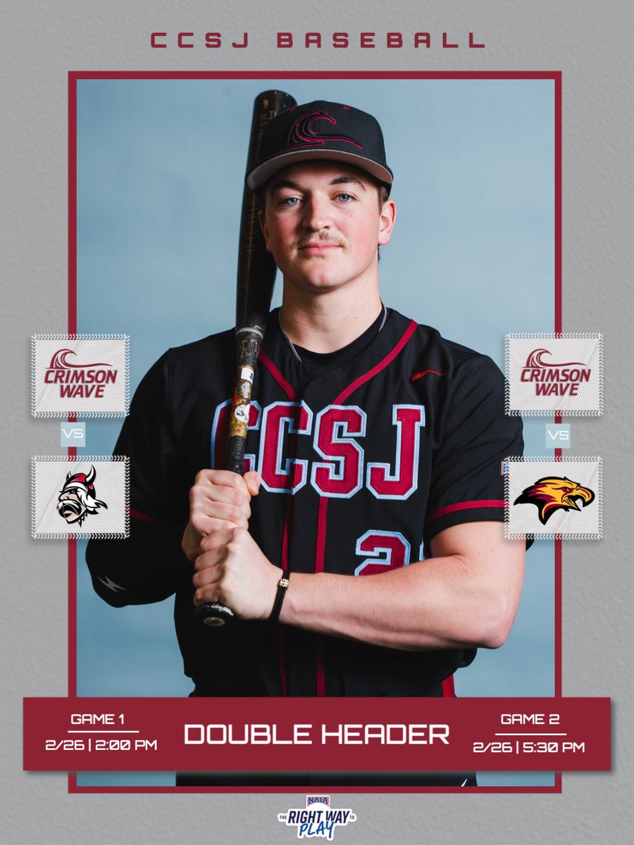 CCSJAthletics's tweet photo. Crimson Wave baseball is back!!

CCSJ starts their 2026 season with a doubleheader in Florida, taking on Grand View at 2:00 pm CT and University of Fort Lauderdale at 5:30 pm CT.
#gowave 🌊 #TheRightWayToPlay https://t.co/L4avh6bK1J