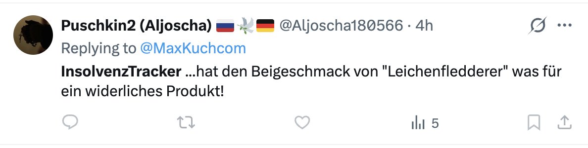 Ist InsolvenzTracker wirklich "Leichenfledderei"?

Ich denke, dass mein Projekt sehr werterhaltend ist. Da gibt's bestimmt viele Marktbegleiter, die gar nicht wissen, welche Firmen Insolvenz angemeldet haben.

Wenn du Kunden / Maschinen / vllt Abteilungen oder Firmen weiter