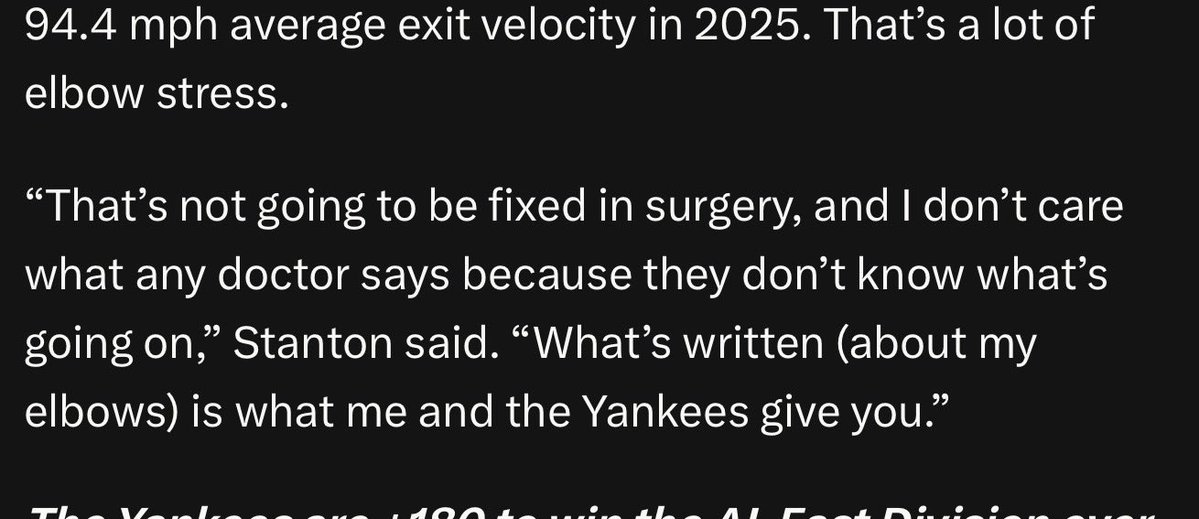 JustinMLB's tweet image. Just an insane quote from Stanton. What do you mean “i don’t care what any doctor says” 😭😭😭