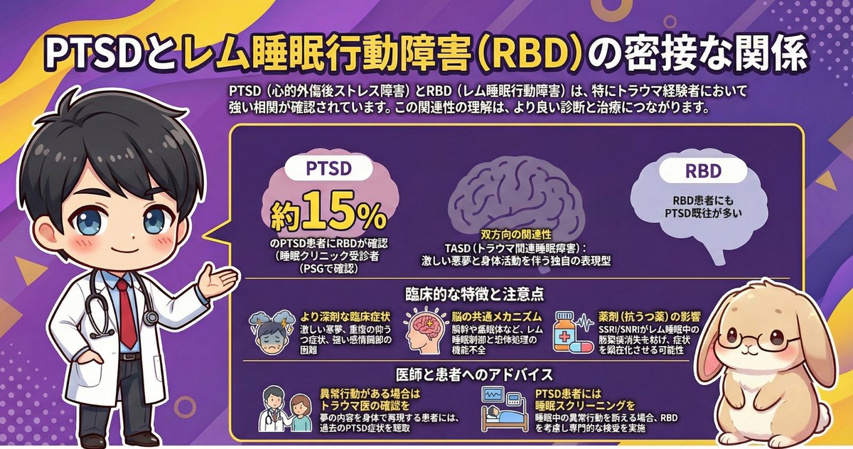 PTSD（心的外傷後ストレス障害）と睡眠障害の深い関係について知っていますか？🧠💤 最新のシステマティックレビューで、PTSDと「レム睡眠行動障害（RBD）」の間に強い関連性があることが明らかになりました。

🔹 RBD（レム睡眠行動障害）とは？