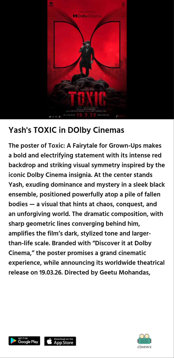 cinewsofficial's tweet photo. #Toxic on Dolby Version. 
#Yash #ToxicTheMovie #ToxicTheFilm #yash19 #cinews

Download Cinews: 

Android: https://t.co/xaFutuS0iR    

iOS : https://t.co/94NnJvi5g8 https://t.co/1F2nZyzMVz