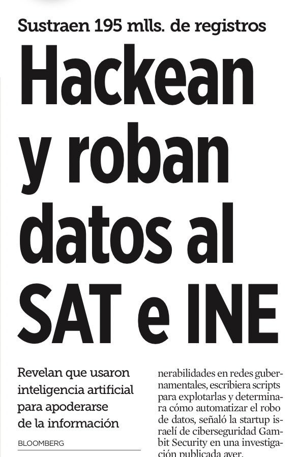 Ahora hackean al SAT y al INE sustrayendo millones de registros. 

No se puede confiar en este gobierno.
