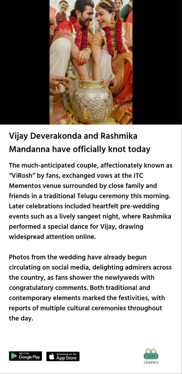 cinewsofficial's tweet photo. @TheDeverakonda @iamRashmika officially knot today

Download Cinews:

Android: https://t.co/xaFutuS0iR

iOS : https://t.co/94NnJvi5g8

#virosh #VijayDevarakonda #RashmikaMandanna #cinews https://t.co/iUnJJ6SRcJ