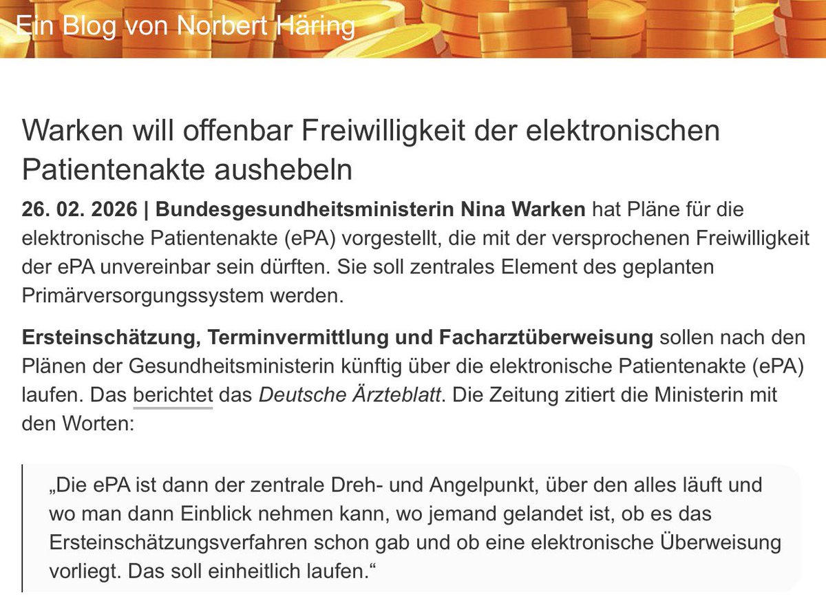 Und seid ihr nicht willig…

“Das dürfte bedeuten, dass diejenigen, die der Einrichtung einer ePA widersprochen haben, nach Umsetzung dieser Pläne nur noch mit Einschränkungen und zusätzlichem Aufwand Zugang zu den benötigten ärztlichen Leistungen haben werden.”