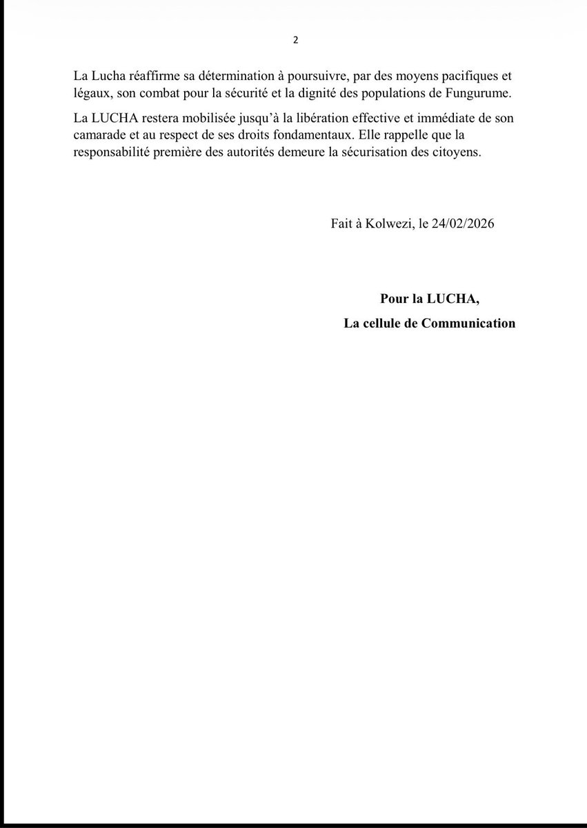 #Fungurume
Nous exigeons la libération de notre camarade Patrick Kabamba. Il a été arrêté pour avoir exercé son droit légitime de réclamer le renforcement des mesures de sécurité dans la commune Urbano-rurale de Fungurume.