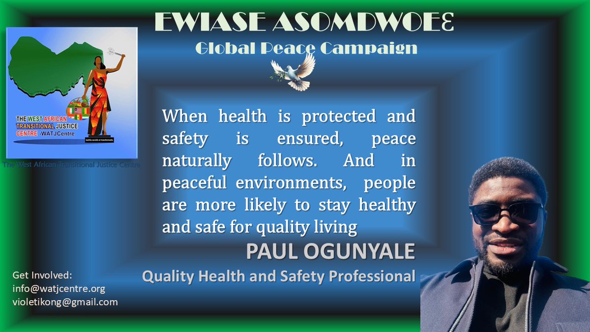 WATJCentre's tweet photo. Paul Ogunyale @Paulneyo highlights the mutual reinforcement between #peace, #health, #safety &amp; #quality living. Healthy &amp; safe environments breed peace that enables quality living for healthier and safer populations. Add your voice today https://t.co/SUXCFQYXcK
#ewiaseasomdwoe https://t.co/JA0kzSa0mt
