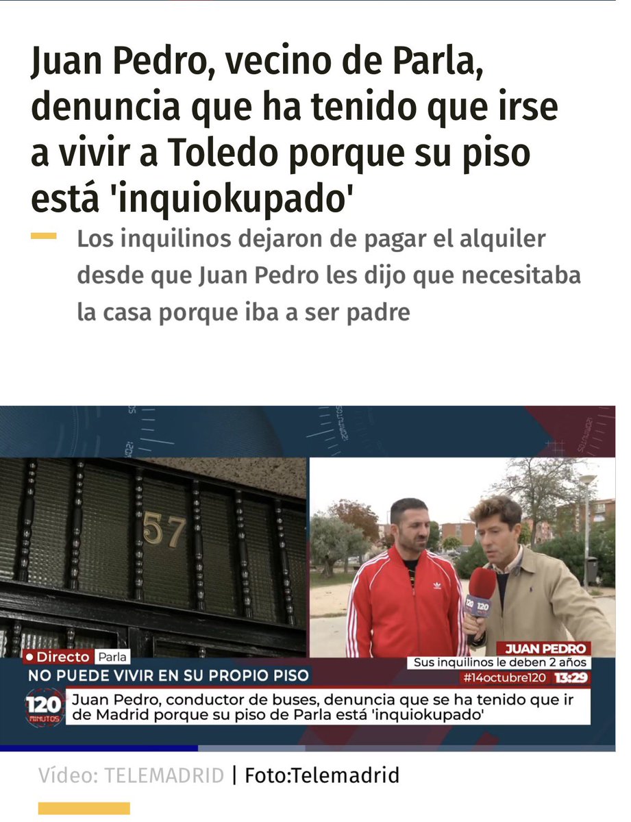 Estas dos noticias se entienden mejor juntas:

👏🏻 En Leganés se aprueba la apertura de una oficina antiokupa.

❌ En #Parla los okupas destrozan la ciudad y arruinan la vida de nuestros vecinos, como Juan Pedro.

Pero para el alcalde y su gobierno, “la okupación no existe” 🤷‍♂️