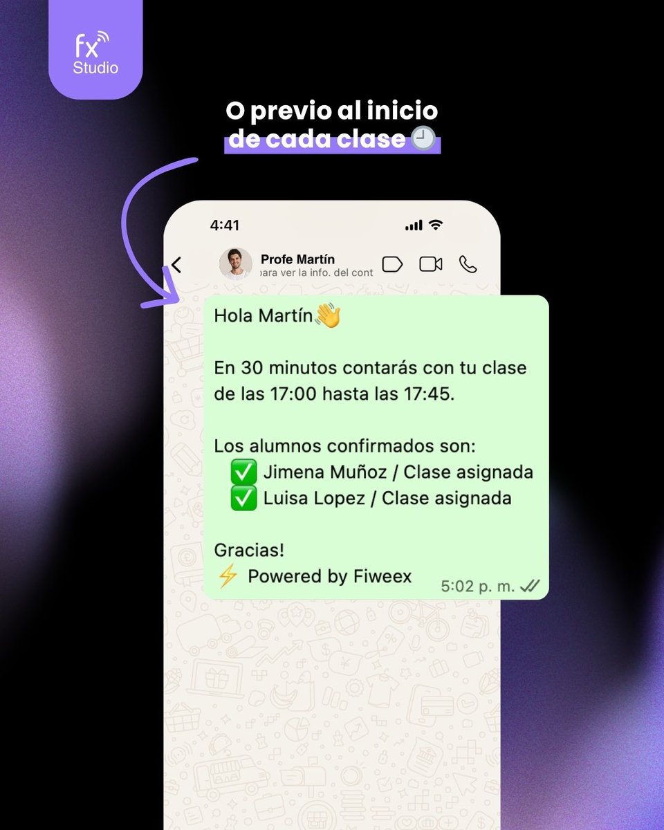 fiweex's tweet photo. Tus profesores siempre informados 📲

Fiweex Studio envía automáticamente el detalle de clases y alumnos confirmados.

✔️ Resumen del día
✔️ Avisos por horario
✔️ Todo por WhatsApp https://t.co/wzA804wT1t