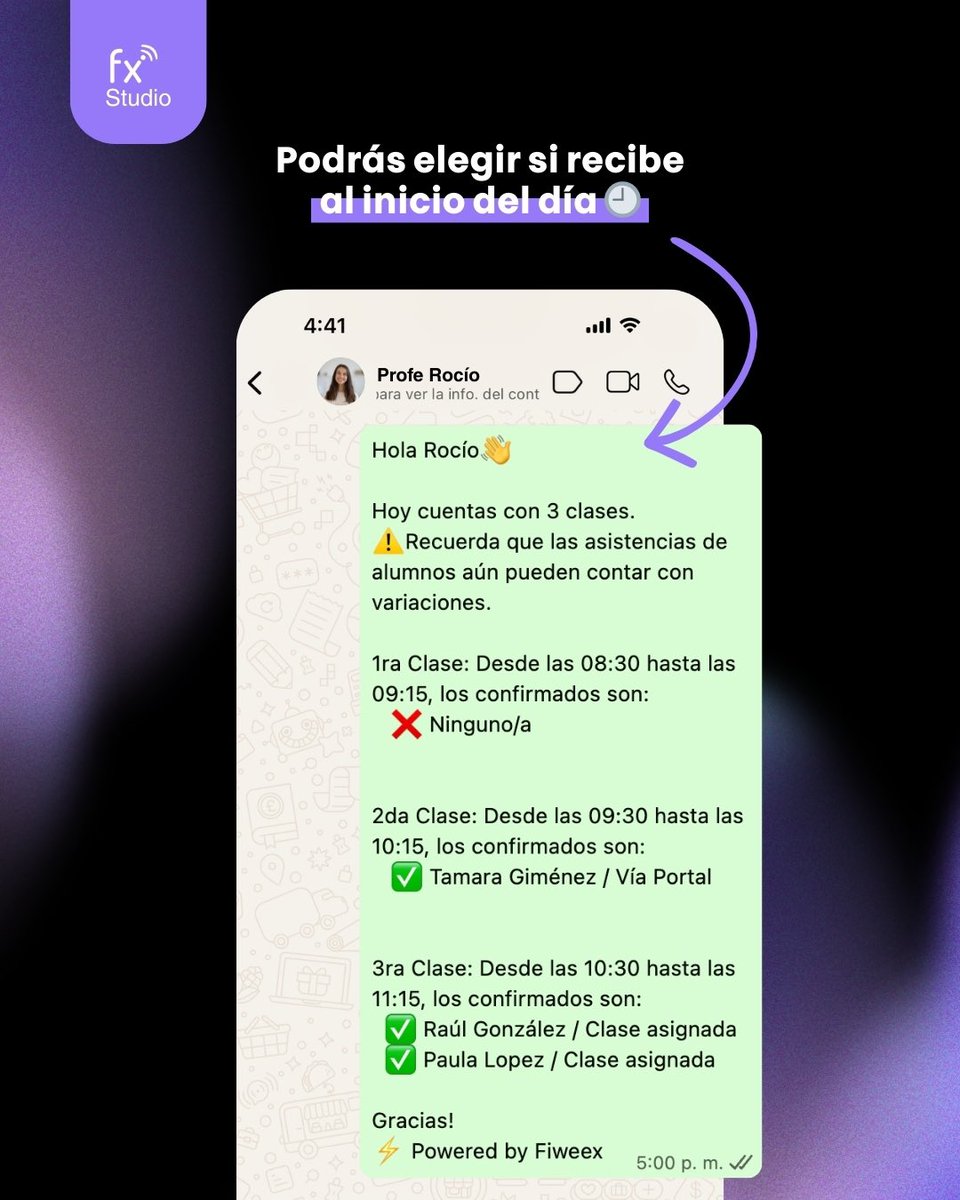 fiweex's tweet photo. Tus profesores siempre informados 📲

Fiweex Studio envía automáticamente el detalle de clases y alumnos confirmados.

✔️ Resumen del día
✔️ Avisos por horario
✔️ Todo por WhatsApp https://t.co/wzA804wT1t