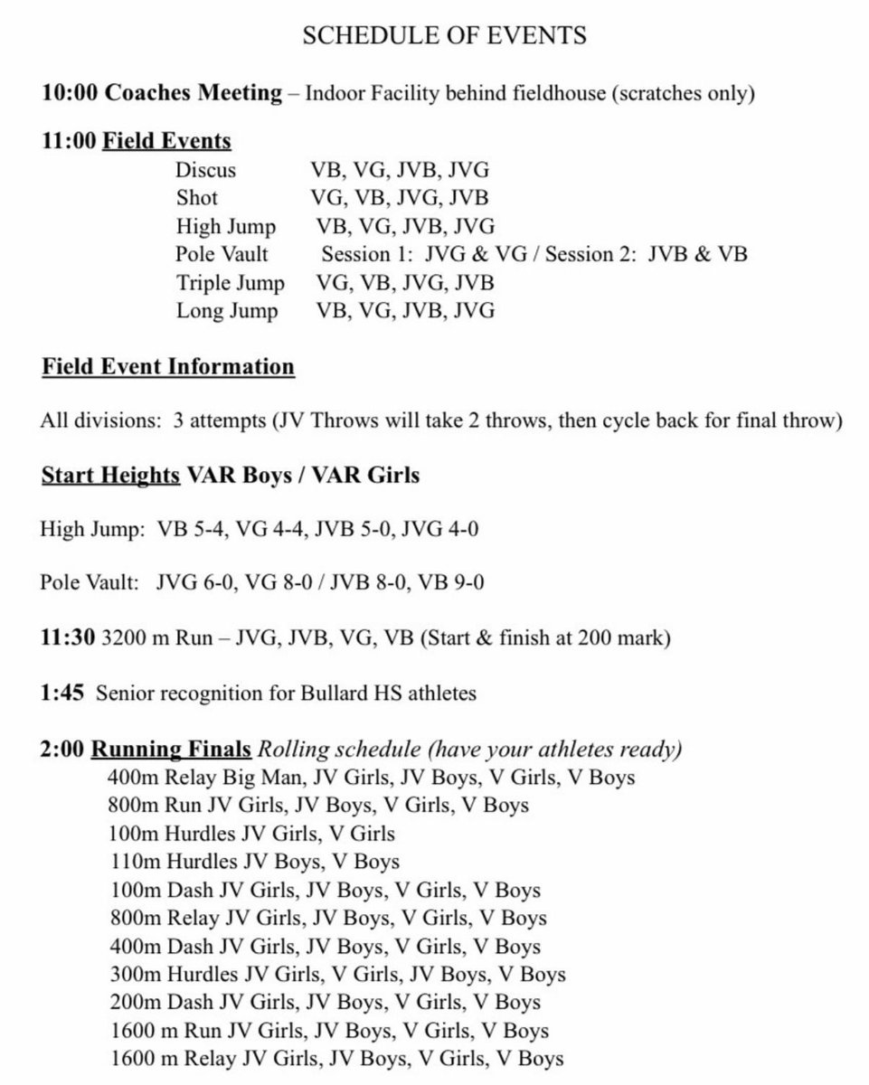 Track Meet Day!
Bullard Panther Relays

Events begin at 11:00 AM

Admission: $3 Adults - $2 Child
No cash accepted; Purchase Tickets Online: events.hometownticketing.com/boxoffice/bull…

#TakeFlight