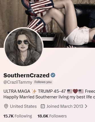Friends, let's follow Tammy! 🇺🇸 <a href="/CraziiTammy/">SouthernCrazed</a> 
Ultra MAGA Supporter! Freedom is a God Given Right!