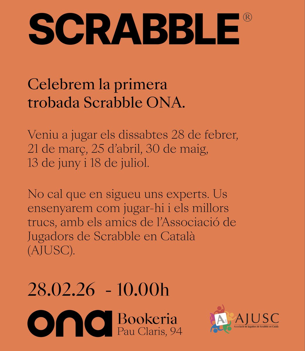 Ep! T’animes?? 👉👉 Vine aquest dissabte 28 de febrer a jugar a #scrabbleencatalà a ONA LLIBRES i coneix la Associació de Jugadors de #Scrabble en Català #AJUSC