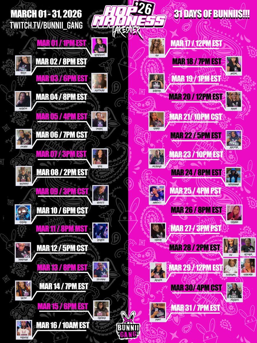 HEY GANG!!! OUR #HOPMADNESS TAKEOVER EVENT STARTS MARCH 1ST ON TWITCH.TV/BUNNII_GANG!!! HERE'S OUR LINE-UP!!! 3/1 <a href="/Rayvenn_goddess/">Rαყʋҽɳɳ Tԋҽ Gσԃԃҽʂʂ 💜✨💫</a> 3/2 <a href="/ChikkyPu/">✯ CHIKKY ✯</a> 3/3 <a href="/professorwhite/">Fangirl Review</a> 3/4 <a href="/yuppthatsdee/">Professor Dee🔜 semi-overworked🥱</a> 3/5 <a href="/smoke_hers/">☁️ SmokeHers For Twitch Partner 🫶🏽</a> 3/6 <a href="/XoMzAngel/">☁️THE Cloud Gawdess☁️</a> 3/7 <a href="/Kaisiriiz/">𝐊𝐀𝐈𝐒𝐈𝐑𝐈𝐈 »-♡→ 𝐓𝐖𝐈𝐓𝐂𝐇</a> 3/8 <a href="/HeyItzLeeleeTV/">~ Leelee ~</a> 3/9 <a href="/geauxgizzy/">𝕸𝖎𝖘𝖘 𝖄𝖆𝖓𝖆 ♥︎</a> 3/10