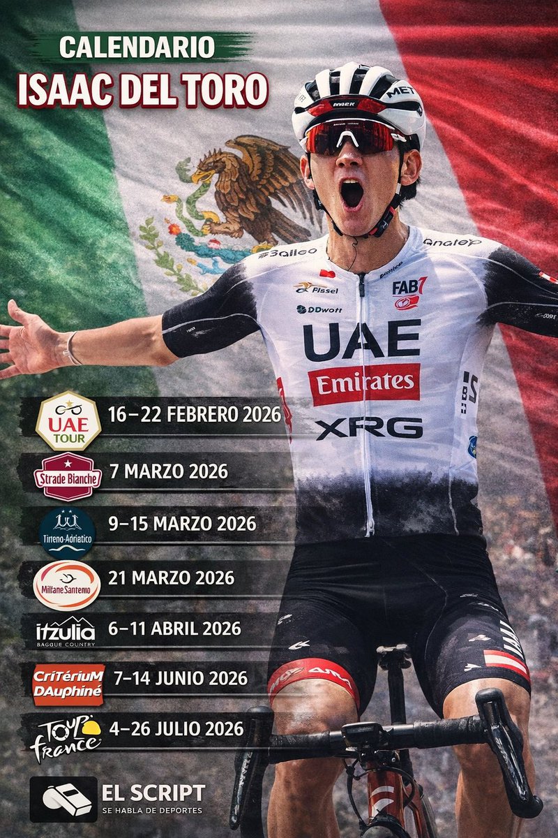 ElScriptOficial's tweet photo. Isaac del Toro 🐂🇲🇽

Les dejamos la 1ra parte del calendario del torito para este 2026:

•Strade Bianche (Con Pogacar)
•Tirreno Adriatico (De lider)
•Milano Sanremo (Con Pogacar)
•Itzulia (De lider)
•Criterium du Dauphine (Probable lider)
•Tour de France (Con Pogacar) https://t.co/NapQIJHW68