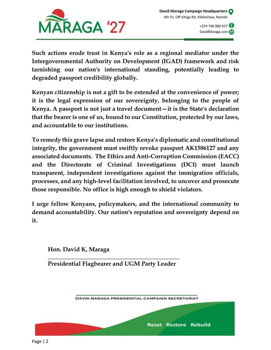 STATEMENT ON THE ALLEGED ISSUANCE OF A KENYAN PASSPORT TO A SANCTIONED WARLORD -ALGONEY HAMDAN DAGALO MUSA