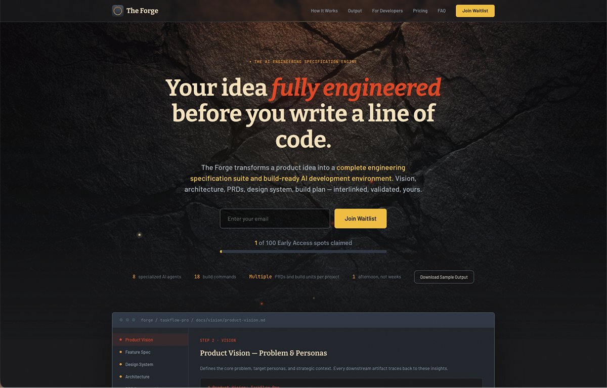 DanVolkens's tweet photo. @mscode07 https://t.co/Rv0zVnUf3a coming soon. The Forge is an AI engineering engine that transforms a product idea into a complete engineering spec suite &amp; build-ready AI dev environment. Vision, architecture, PRDs, design system, and build plan. Deploy to Github. https://t.co/9anP7mF0QO