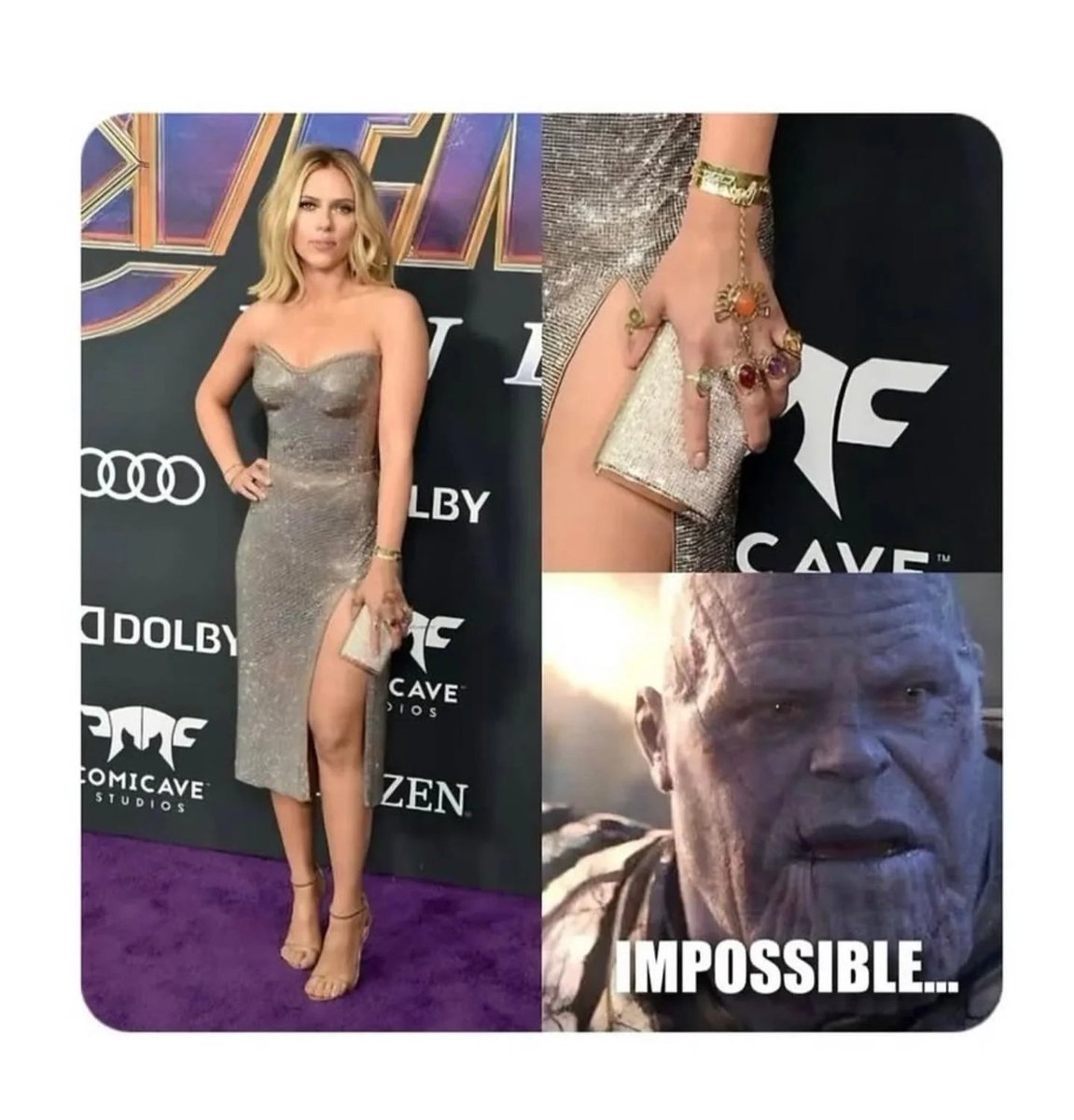 Scarlett Johansson wearing the Infinity Stones at the premiere of Avengers Endgame!